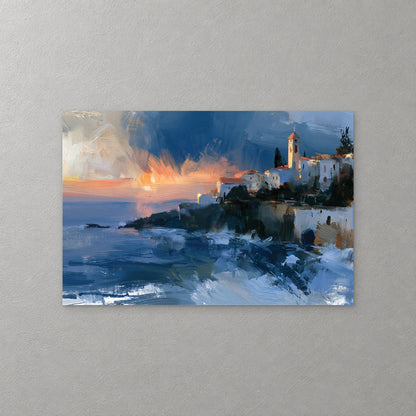 A white Greek town with a bell tower sits on a dark headland above a deep blue sea, with the sun setting in an orange streak behind it — canvas wall art print