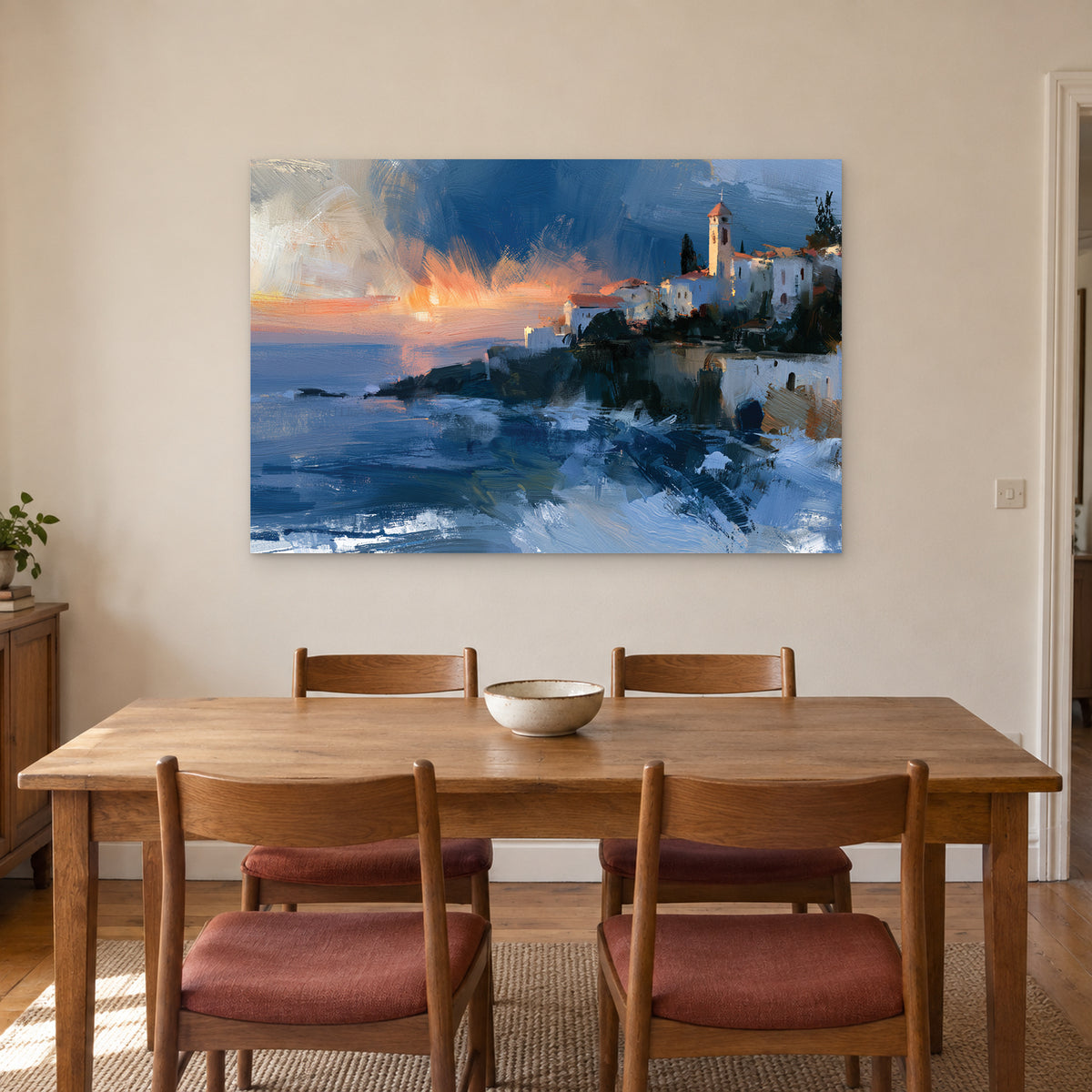 Greek Town Bell Tower Dusk canvas wall art above a wooden dining table with rust-cushioned chairs