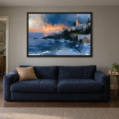 Greek Town Bell Tower Dusk framed canvas in a black floating frame above a navy sofa