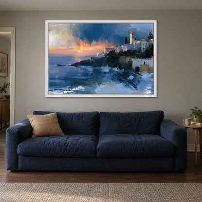 Greek Town Bell Tower Dusk framed canvas in a white floating frame above a navy sofa