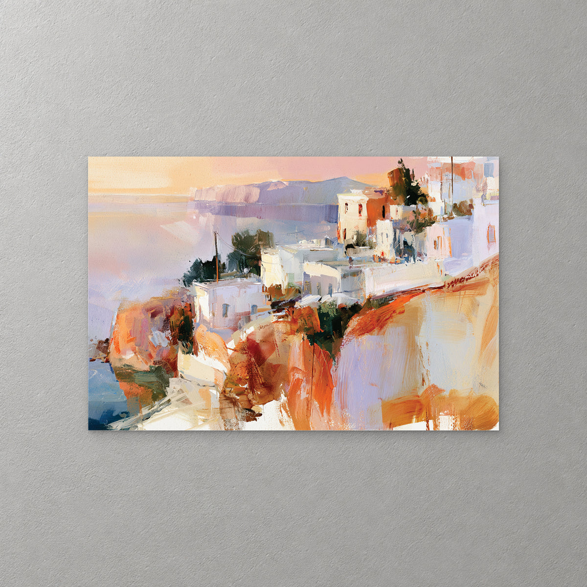 White houses cling to orange and lilac cliffs above a calm sea, with a distant island under a soft peach sky — canvas wall art print
