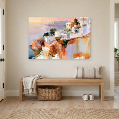 Greek Island Cliff Town canvas wall art above a wooden entryway bench with a woven basket