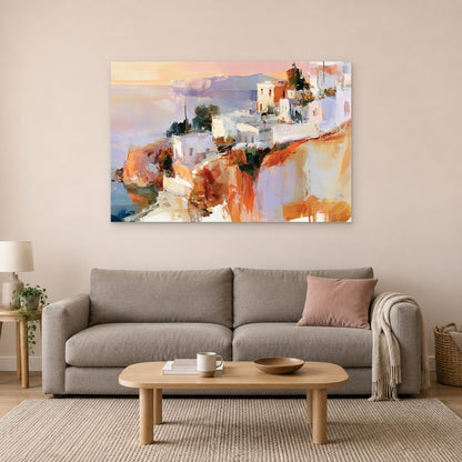 Greek Island Cliff Town canvas wall art above a taupe sofa on a blush wall