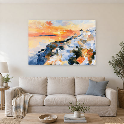 Greek Island Windmills Sunset canvas wall art above a linen sofa with a blue cushion in a bright living room