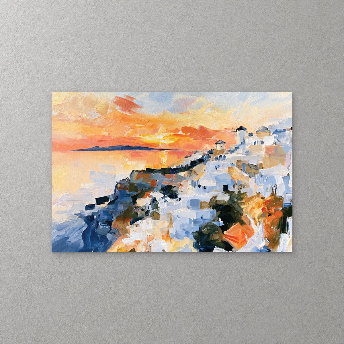 A white Greek island town with windmills spills down the cliffs toward a blue sea, under a blazing orange sunset with a dark island on the horizon — canvas wall art print