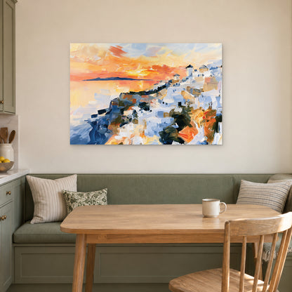 Greek Island Windmills Sunset canvas wall art above a green banquette and wooden table in a breakfast nook