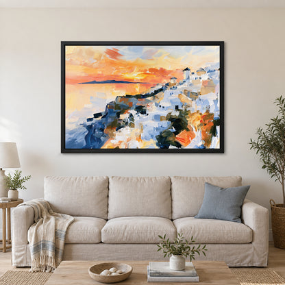 Greek Island Windmills Sunset framed canvas in a black floating frame above a linen sofa with a blue cushion