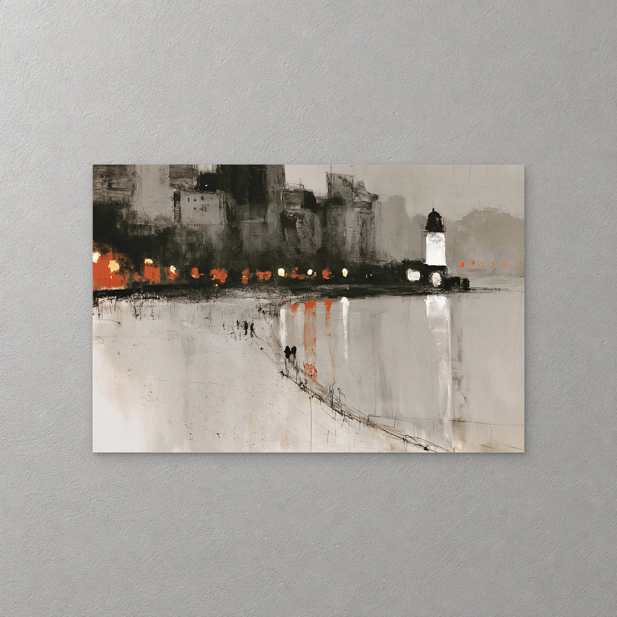 A white lighthouse glows at the end of a dark harbour town, orange and yellow lights reflected in pale water and two small figures on the shore — canvas wall art print