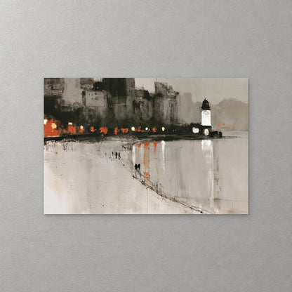 A white lighthouse glows at the end of a dark harbour town, orange and yellow lights reflected in pale water and two small figures on the shore — canvas wall art print