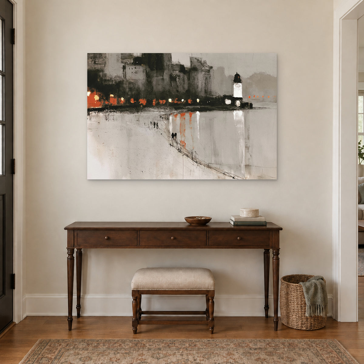 Harbour Lighthouse Night Lights canvas wall art above a dark wood console table and upholstered bench in an entryway