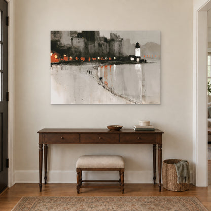 Harbour Lighthouse Night Lights canvas wall art above a dark wood console table and upholstered bench in an entryway