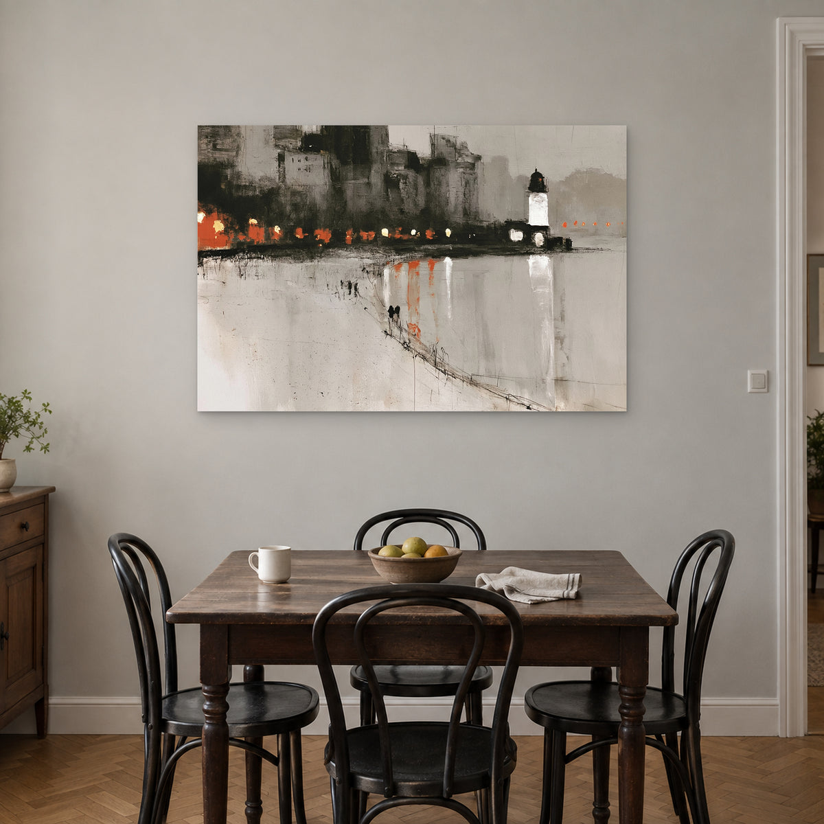 Harbour Lighthouse Night Lights canvas wall art above a small wooden dining table with black bentwood chairs