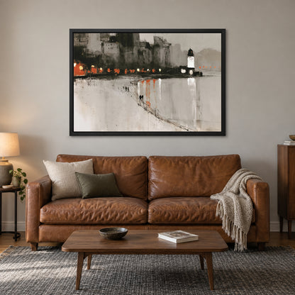 Harbour Lighthouse Night Lights framed canvas in a black floating frame above a cognac leather sofa with a wooden coffee table