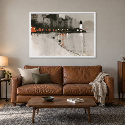 Harbour Lighthouse Night Lights framed canvas in a white floating frame above a cognac leather sofa with a wooden coffee table