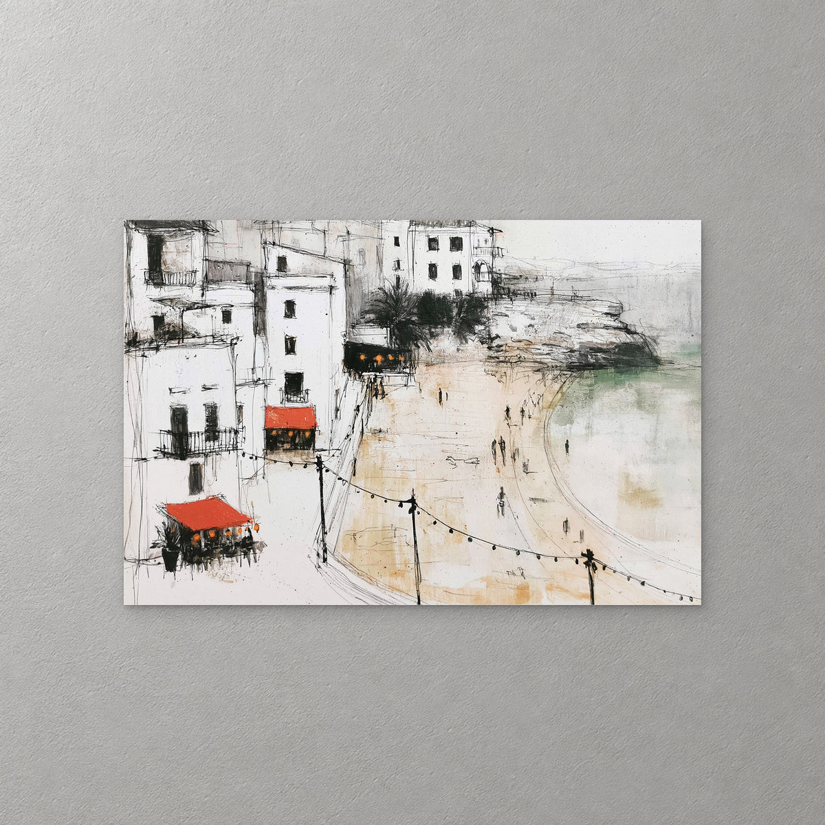 White seaside buildings with red awnings look over a sandy promenade strung with lights, small figures walking toward a green sea and a rocky point — canvas wall art print