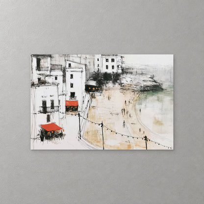 White seaside buildings with red awnings look over a sandy promenade strung with lights, small figures walking toward a green sea and a rocky point — canvas wall art print