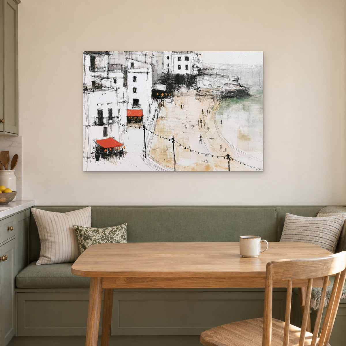 Mediterranean Promenade Lights canvas wall art above a green banquette and wooden table in a breakfast nook