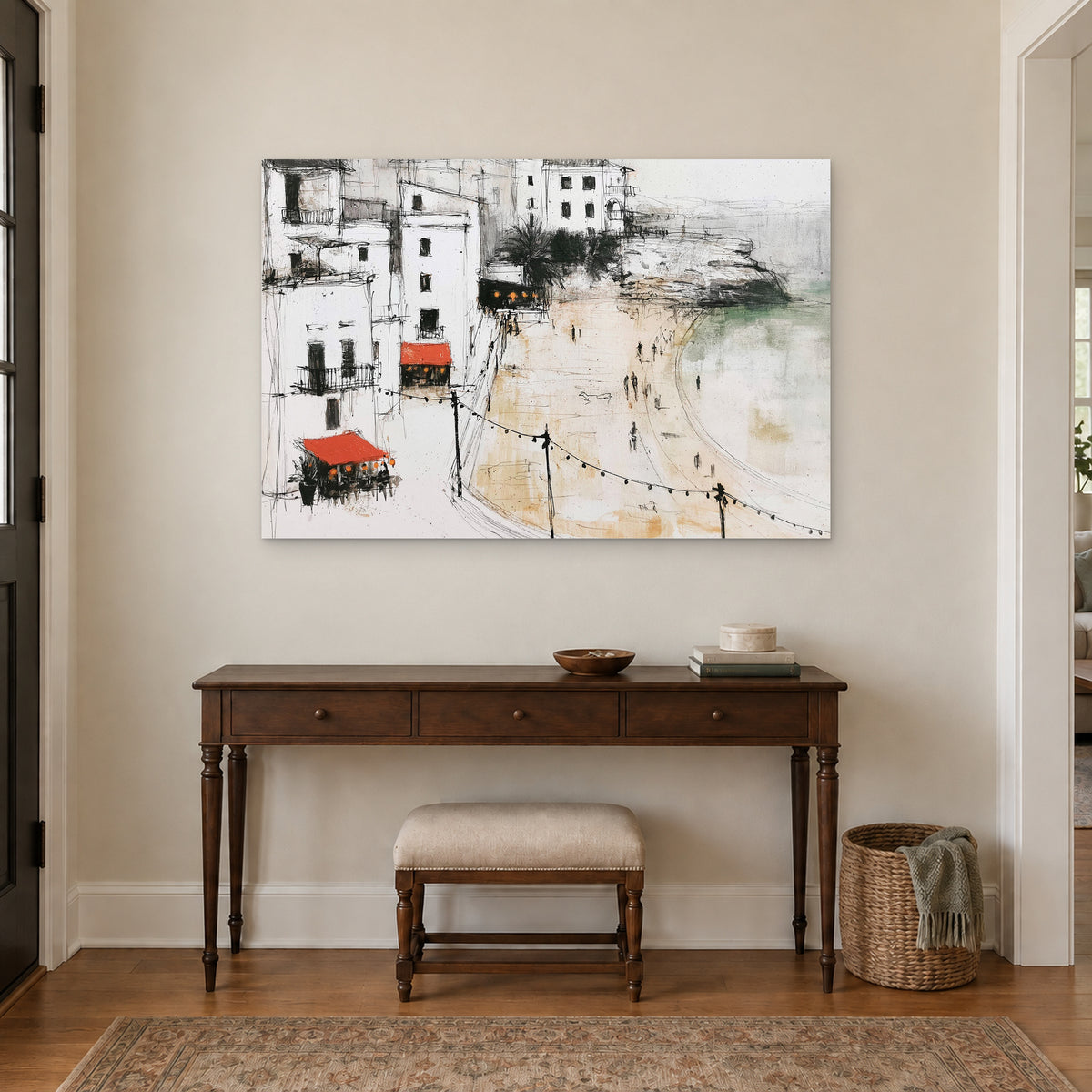 Mediterranean Promenade Lights canvas wall art above a dark wood console table and upholstered bench in an entryway