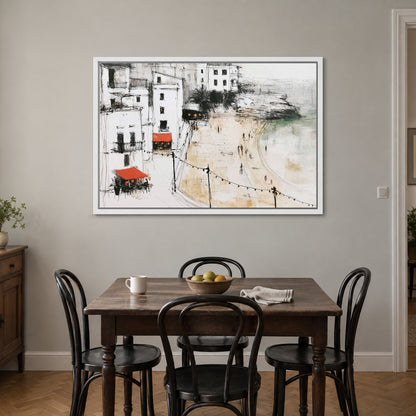 Mediterranean Promenade Lights framed canvas in a white floating frame above a small wooden dining table with black bentwood chairs