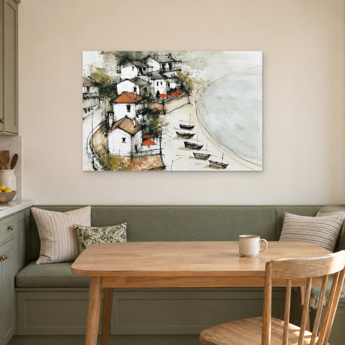 Mediterranean Fishing Boats Coastal canvas wall art above a green banquette and wooden table in a breakfast nook