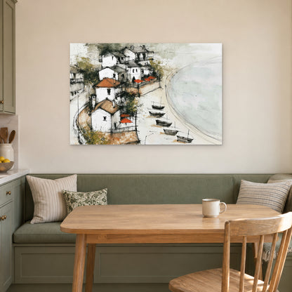 Mediterranean Fishing Boats Coastal canvas wall art above a green banquette and wooden table in a breakfast nook