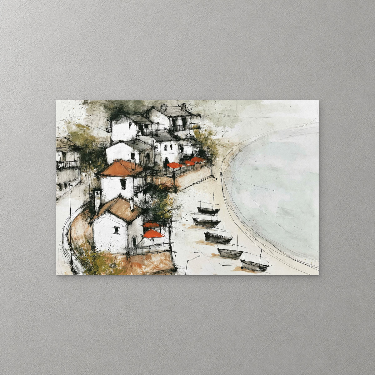 White houses with red roofs and red umbrellas sit above a curved sandy beach where five small boats are pulled up by a pale green bay — canvas wall art print