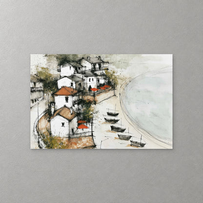 White houses with red roofs and red umbrellas sit above a curved sandy beach where five small boats are pulled up by a pale green bay — canvas wall art print
