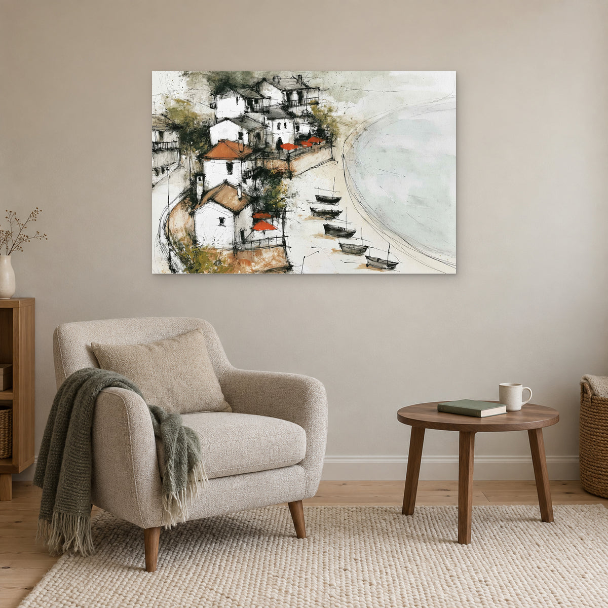 Mediterranean Fishing Boats Coastal canvas wall art above a cream armchair and round wooden side table
