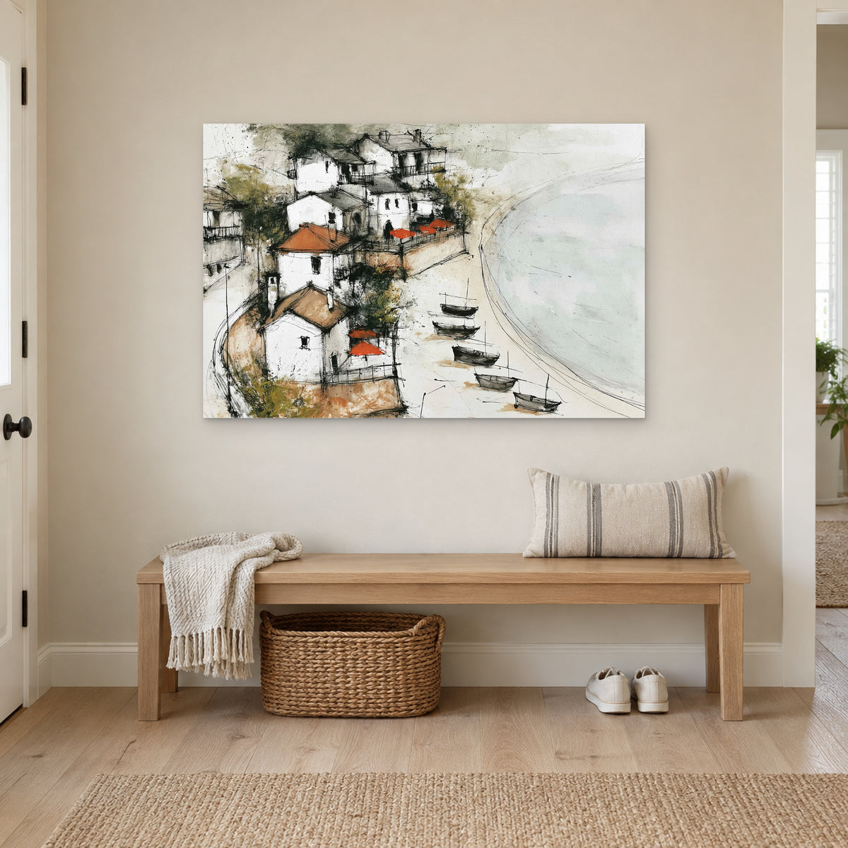 Mediterranean Fishing Boats Coastal canvas wall art above a wooden entryway bench with a woven basket