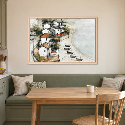 Mediterranean Fishing Boats Coastal framed canvas in a natural wood floating frame above a green banquette and wooden table in a breakfast nook