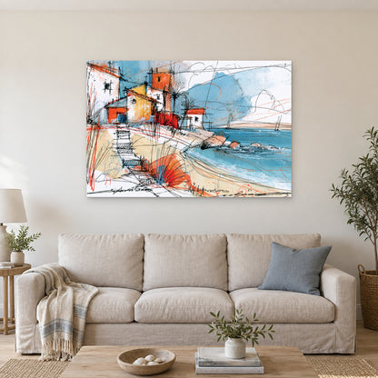 Coastal Cottages Ink Sketch canvas wall art above a linen sofa with a blue cushion in a bright living room