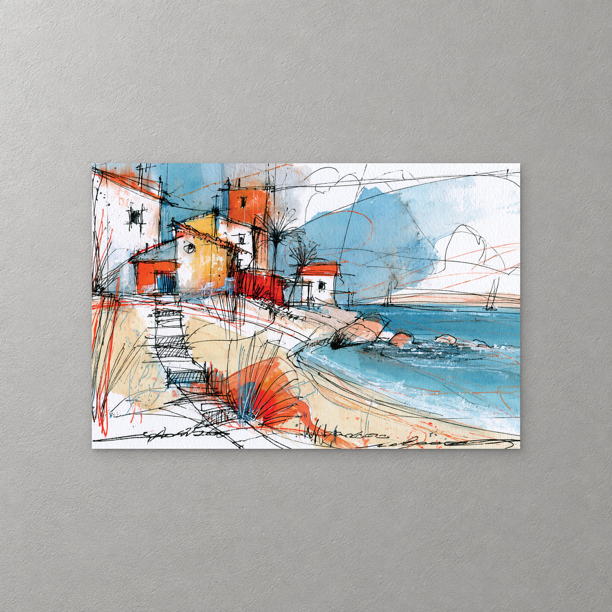 Orange, red and yellow cottages sit above a sandy path and a bright blue bay, drawn in loose black ink with splashes of colour — canvas wall art print