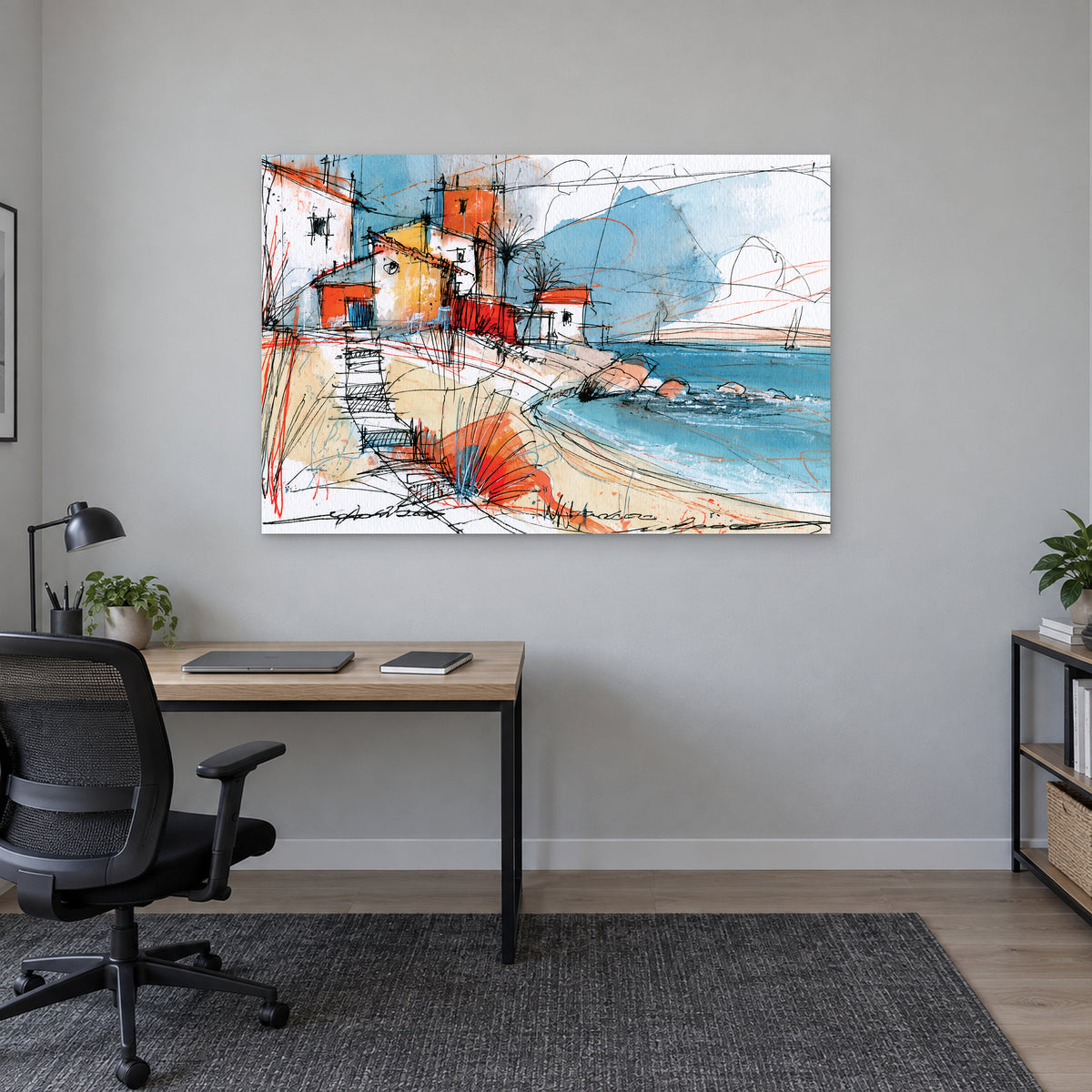 Coastal Cottages Ink Sketch canvas wall art above a light wood desk with a black office chair in a home office
