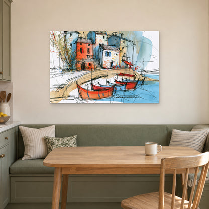 Red Fishing Boats Harbour canvas wall art above a green banquette and wooden table in a breakfast nook