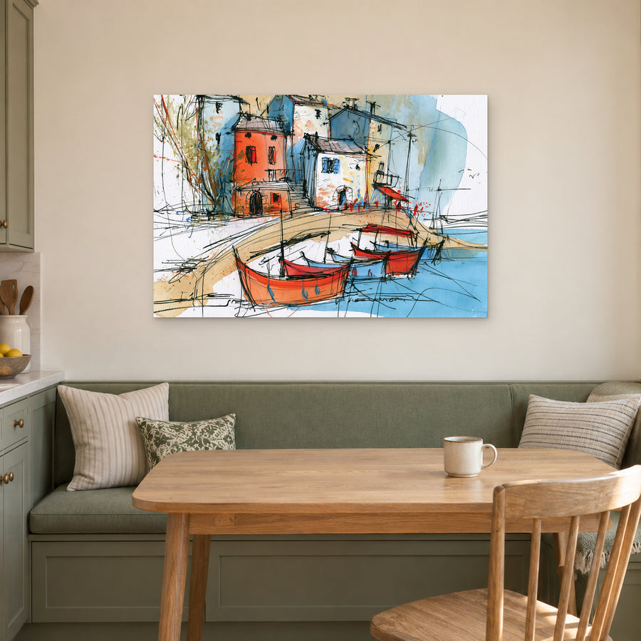 Red Fishing Boats Harbour canvas wall art above a green banquette and wooden table in a breakfast nook