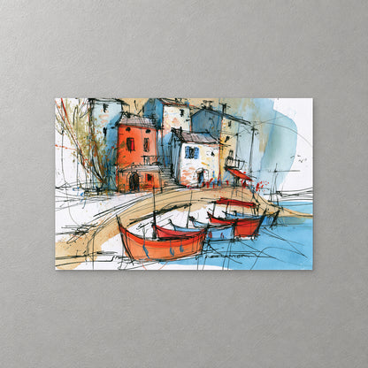Red and blue fishing boats rest below orange and blue harbour houses, drawn in quick black ink with washes of sky blue and sand — canvas wall art print