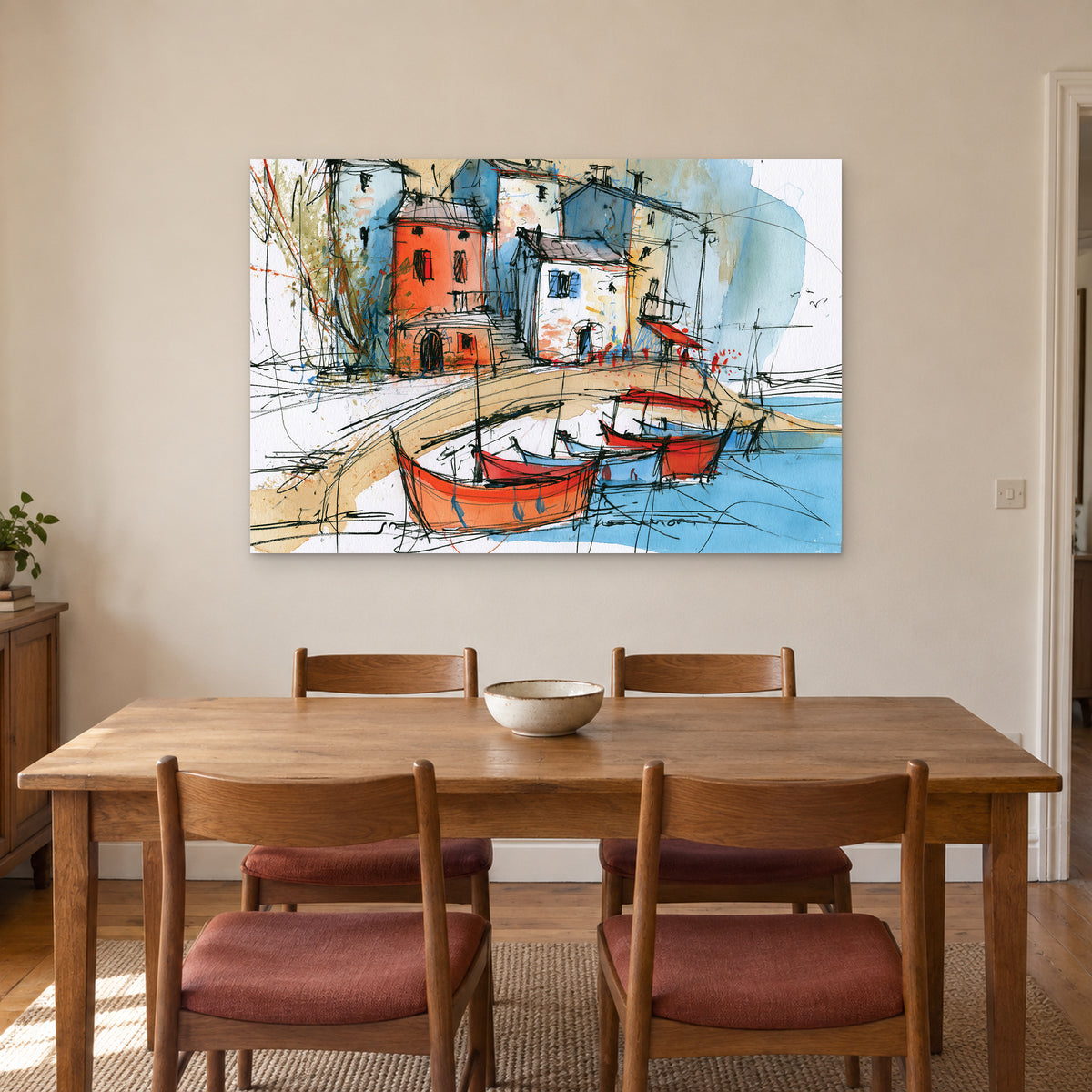 Red Fishing Boats Harbour canvas wall art above a wooden dining table with rust-cushioned chairs