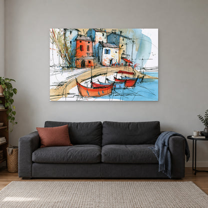 Red Fishing Boats Harbour canvas wall art above a charcoal sofa with a rust cushion