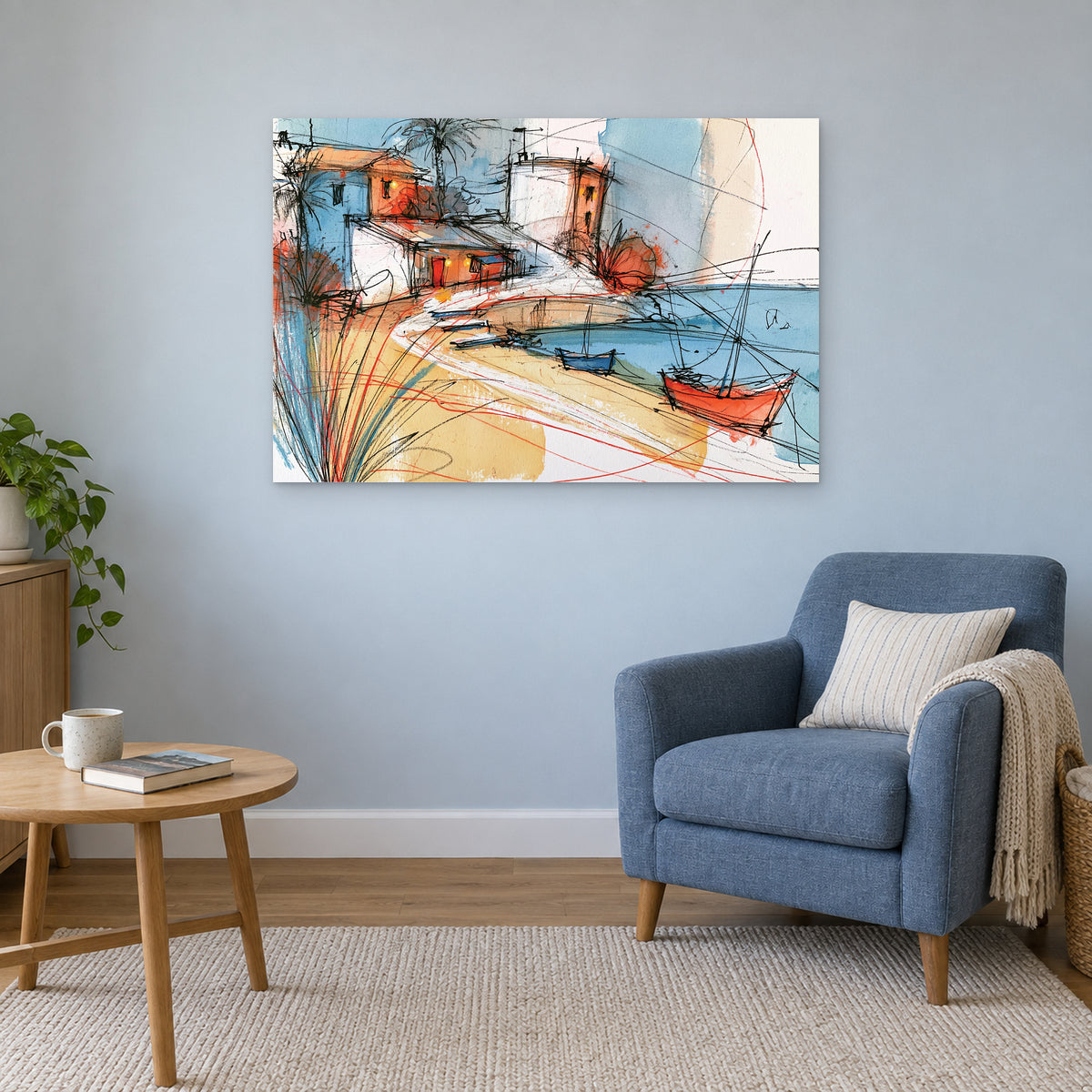 Palm Bay Moored Boats canvas wall art above a blue armchair and round wooden side table in a reading corner