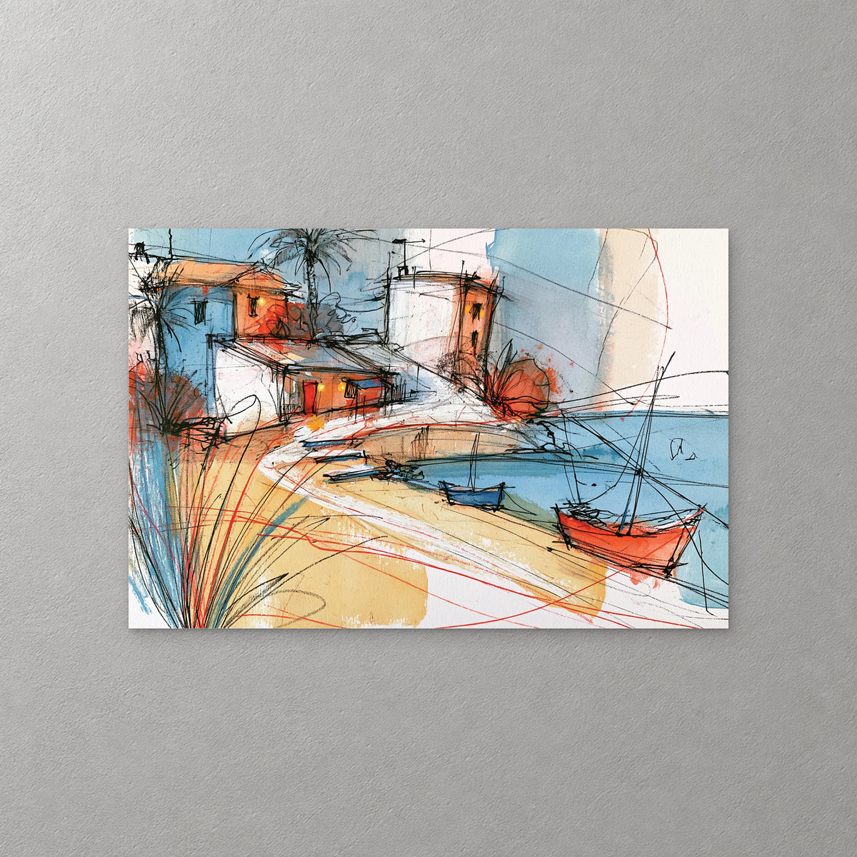 A red boat with tall masts and a small blue boat sit in a bay below orange-lit cottages and palms, drawn in loose ink with sweeps of blue and yellow — canvas wall art print