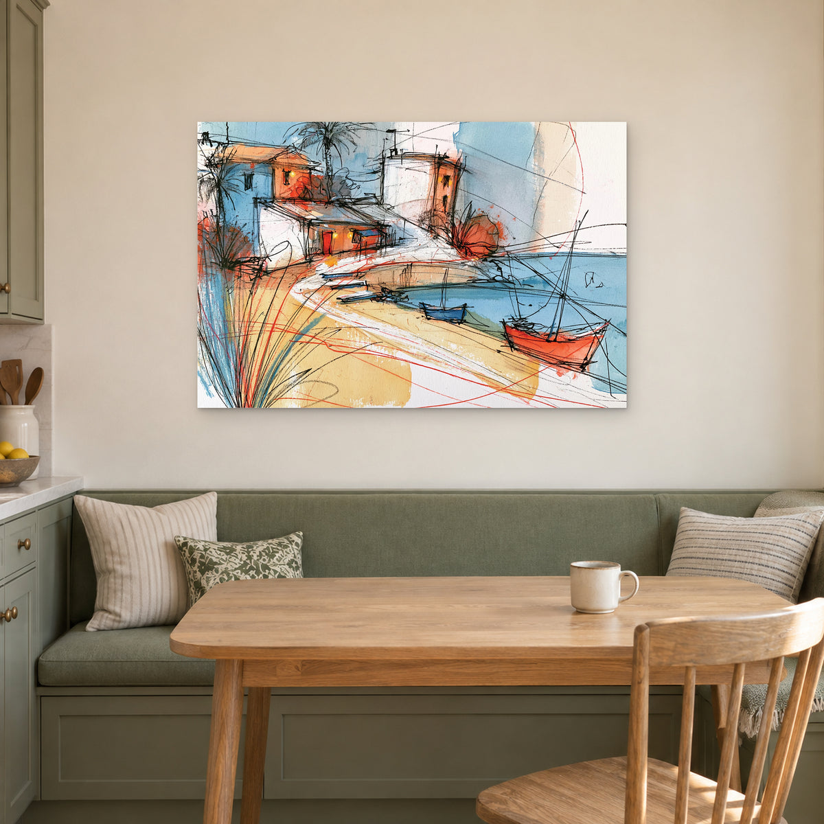 Palm Bay Moored Boats canvas wall art above a green banquette and wooden table in a breakfast nook
