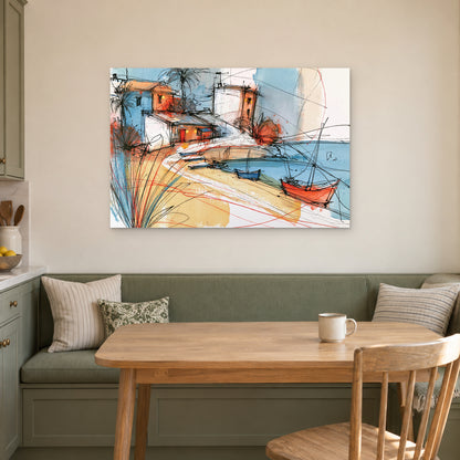 Palm Bay Moored Boats canvas wall art above a green banquette and wooden table in a breakfast nook