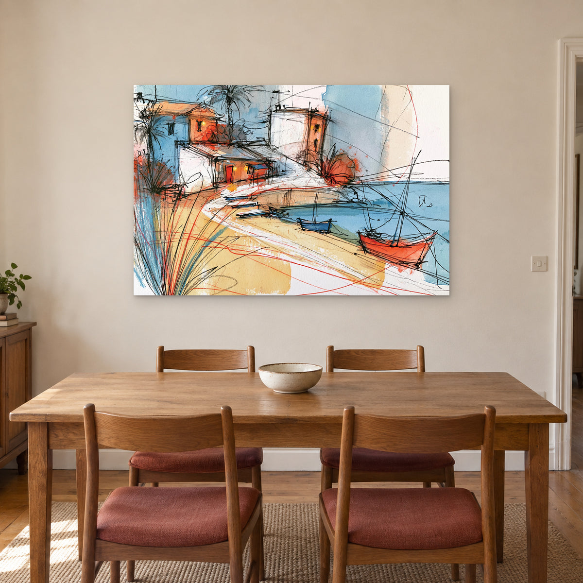 Palm Bay Moored Boats canvas wall art above a wooden dining table with rust-cushioned chairs