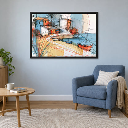 Palm Bay Moored Boats framed canvas in a black floating frame above a blue armchair and round wooden side table