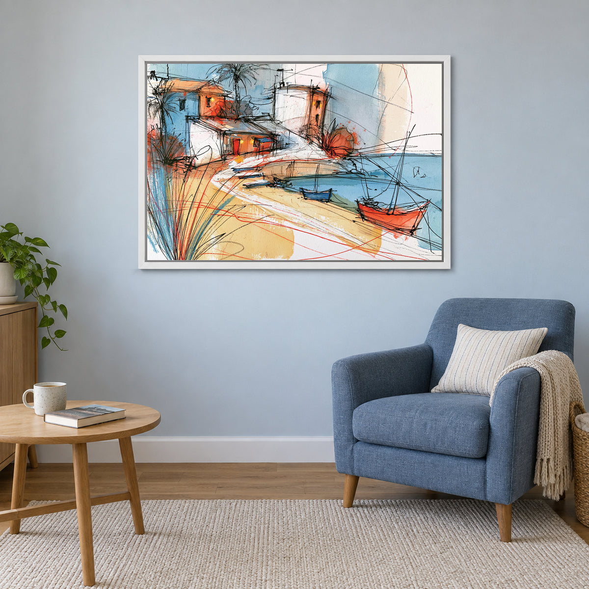 Palm Bay Moored Boats framed canvas in a white floating frame above a blue armchair and round wooden side table