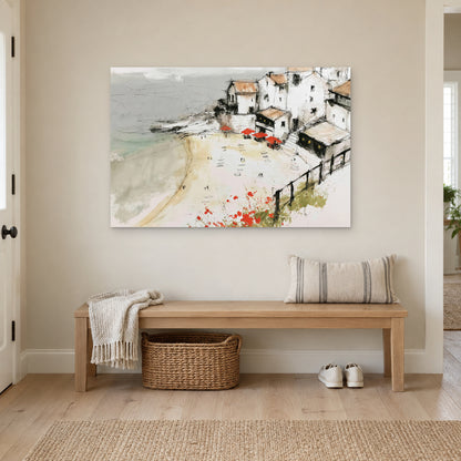 Clifftop Town Red Parasols canvas wall art above a wooden entryway bench with a woven basket