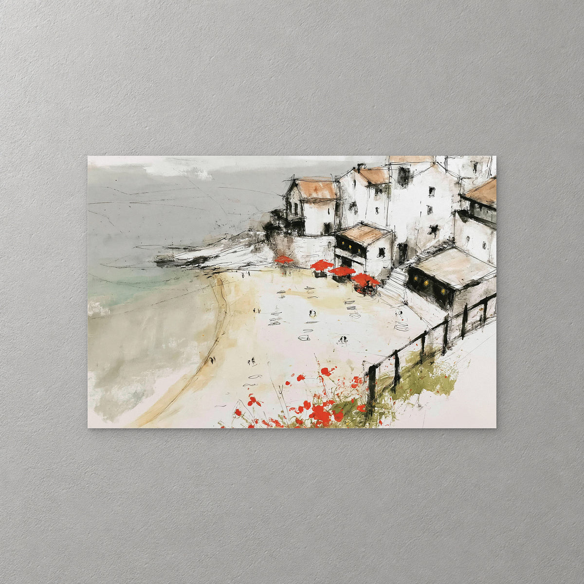 White clifftop houses look down on a wide pale beach dotted with red parasols, with red flowers and a railing in the foreground — canvas wall art print