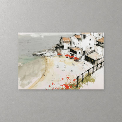 White clifftop houses look down on a wide pale beach dotted with red parasols, with red flowers and a railing in the foreground — canvas wall art print
