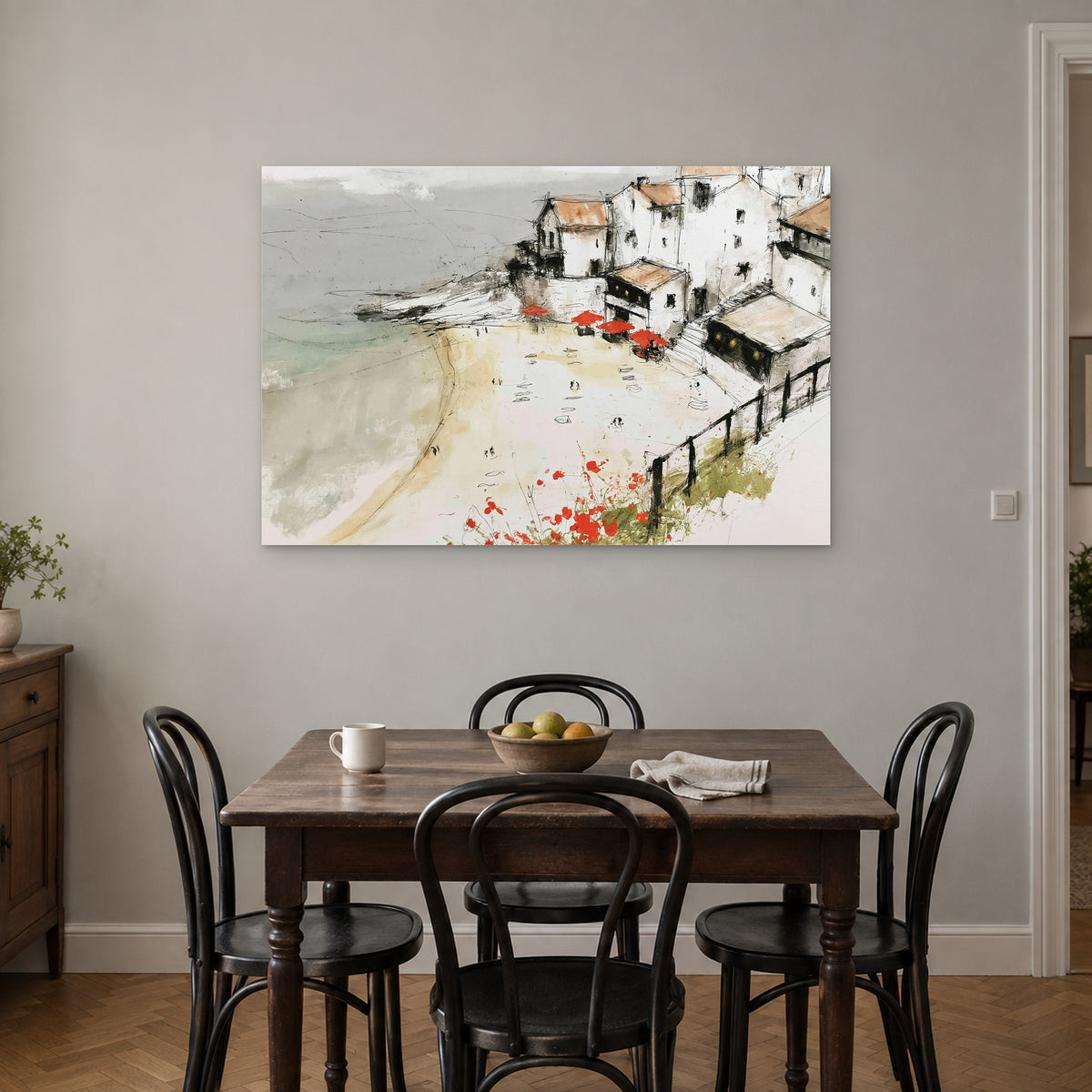 Clifftop Town Red Parasols canvas wall art above a small wooden dining table with black bentwood chairs