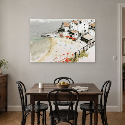 Clifftop Town Red Parasols canvas wall art above a small wooden dining table with black bentwood chairs